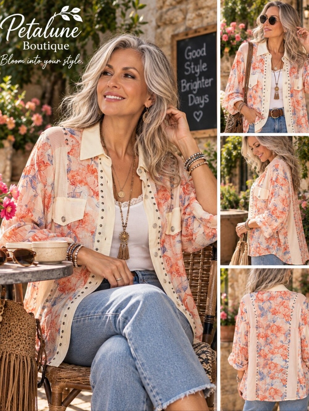 092  The Dreamfield 2 Floral Button Down Top In Coral Multi